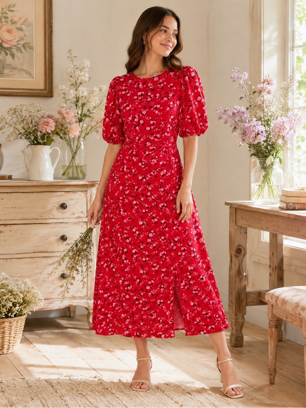 Cottagecore Old Navy Red Floral Maxi Dress with Puff Sleeves